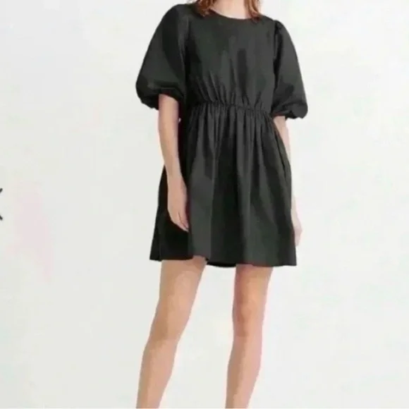 Madewell Poplin Crewneck Bubble-Sleeve Mini Dress Black - Picture 1 of 9